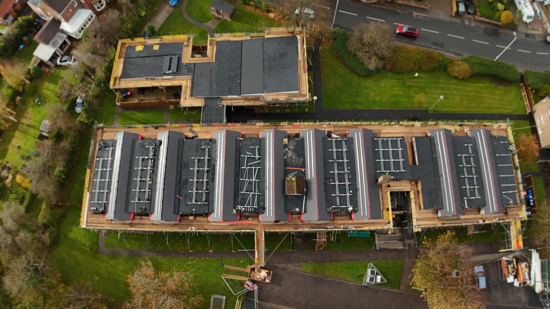 Aerial view of Torentum Court in Fleetwood, where fifteen flat roofs were rebuilt as warm roofs