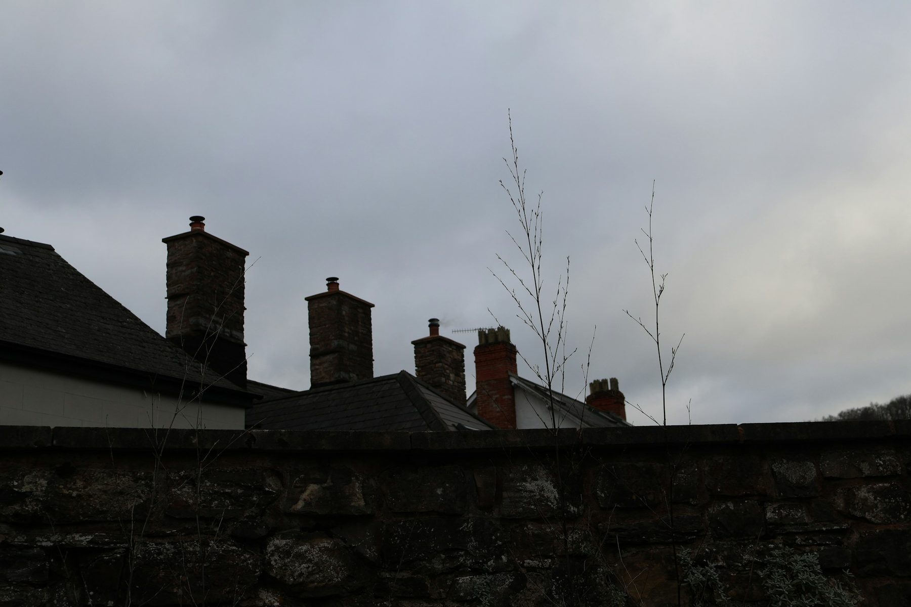 Slate roofs and stone and brick chimneys seen over a stone wall under a grey, cloudy sky