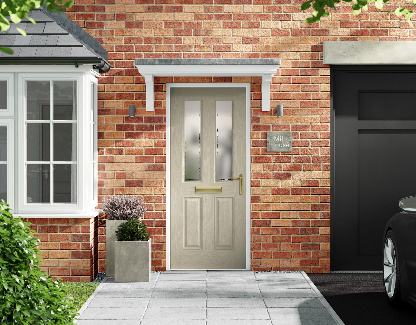 A cream composite front door on a red brick house with a bay window