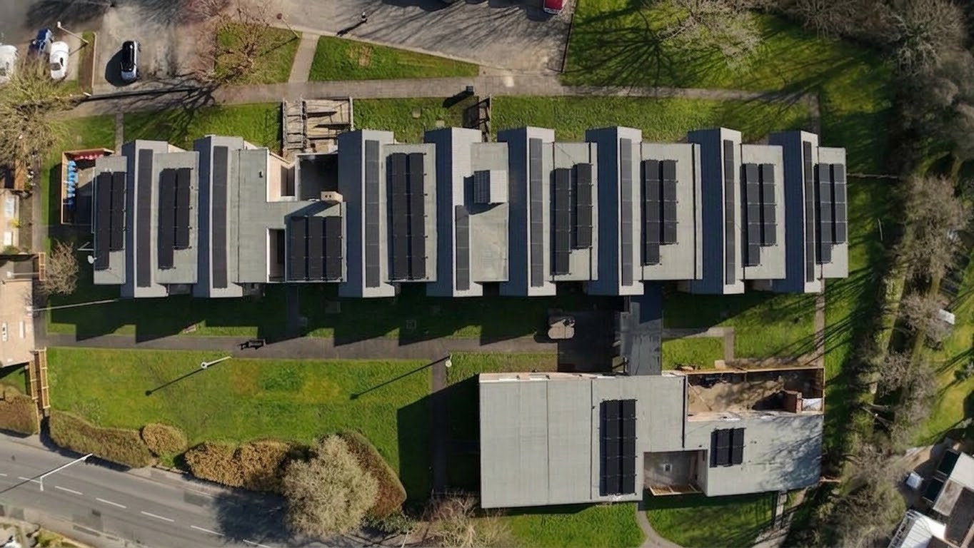 Torentum Court, Fleetwood, from above with its fifteen renewed flat roofs