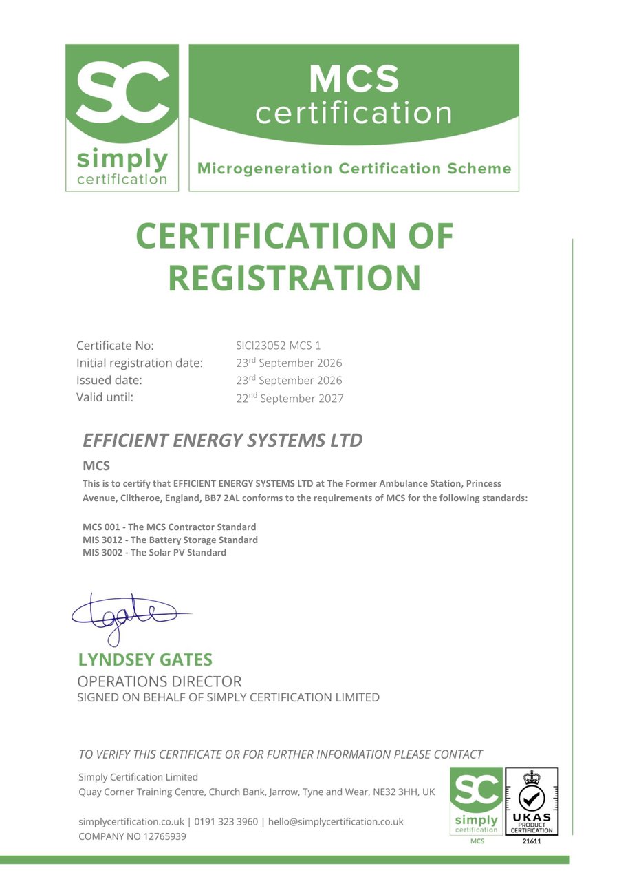 The Energy Giants MCS certificate, SICI23052 MCS 1, issued by Simply Certification for solar PV and battery storage