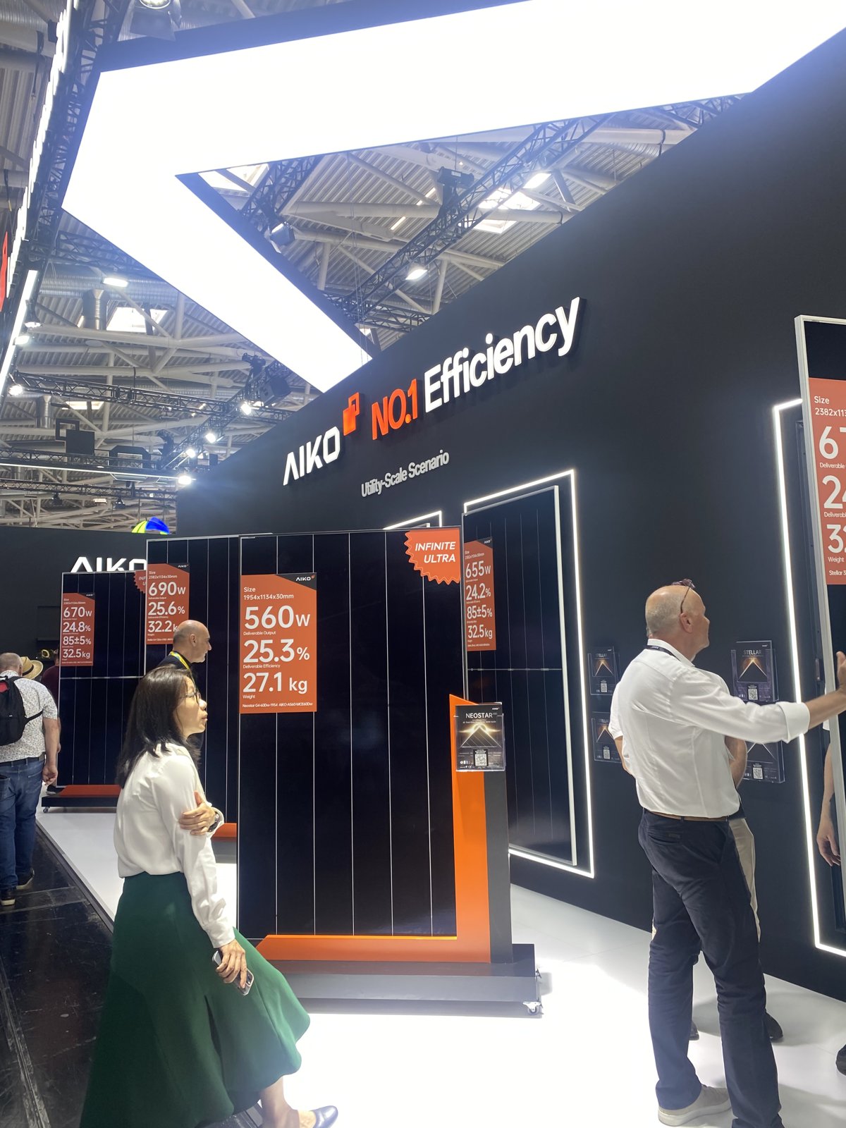 Aiko utility scale modules on the Munich stand with placards showing 655 W, 670 W and 690 W outputs