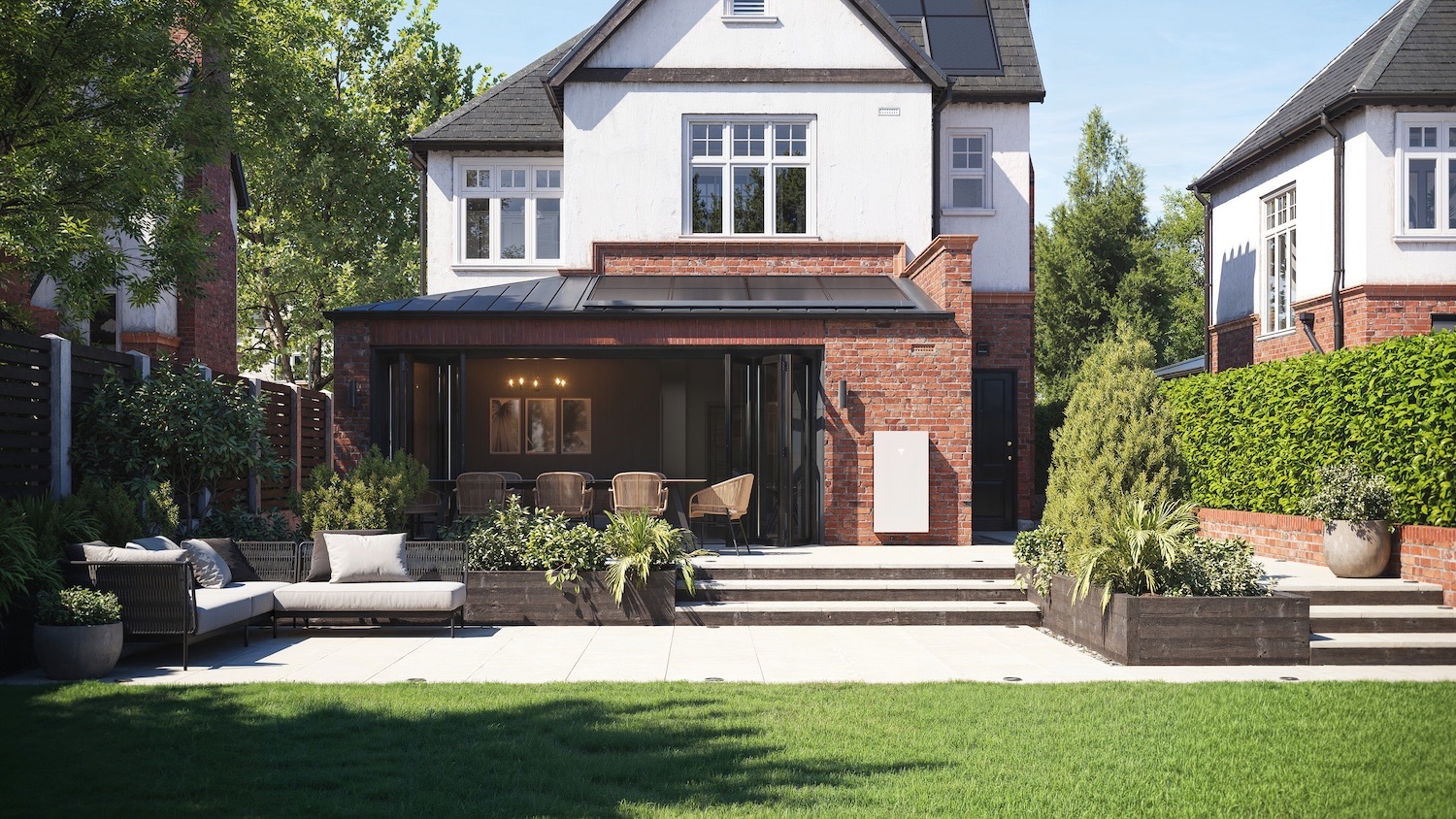 A large detached house south of Manchester with in-roof solar panels, a home battery and a mature garden