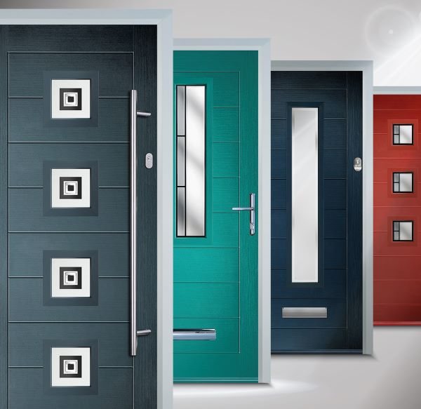Four composite front doors from the Distinction Doors Modern range in grey, teal, navy and red