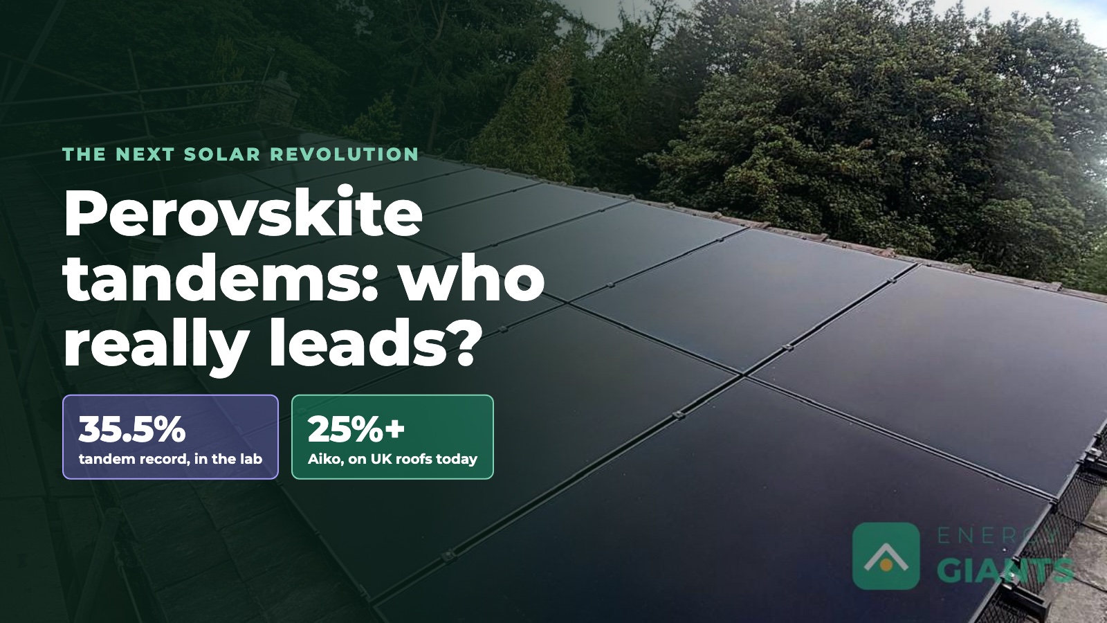 All-black Aiko solar panels on a slate roof, with the headline Perovskite tandems: who really leads? and two figures, 35.5% tandem record in the lab and 25% plus for Aiko on UK roofs today